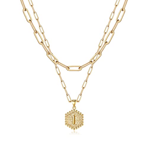 Layered Initial Necklaces for Women, 14K Gold Plated Paperclip Chain Necklace for Women Simple Cute Hexagon Letter Pendant Initial I Necklace Choker Necklaces Gold Layered Necklaces for Women