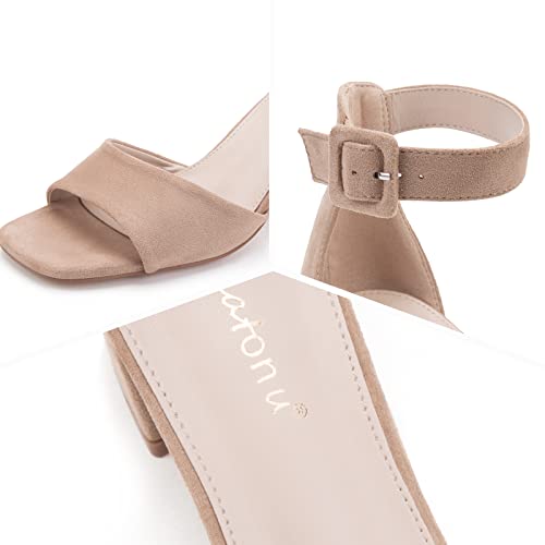 Greatonu Women's Open Toe Ankle Strap Low Block Heels Party Dress Heeled Sandals Faux Suede Nude Size 9 #TOP4