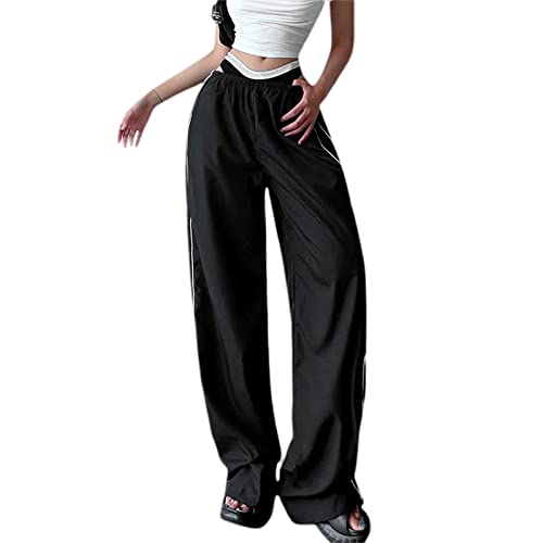 Womens Y2k Baggy Cargo Trousers Casual Elastic Waist Wide Leg Joggers Solid Color Track Pant with Pockets Streetwear4