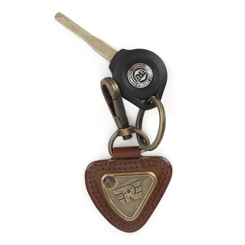 Image of Royal Enfield BATTERY BOX TRIANGLE KEYCHAIN TAN | Material: 100% LEATHER | Type: LEATHER | Gender:UNISEX Categorisation: RE BATTERY BOX