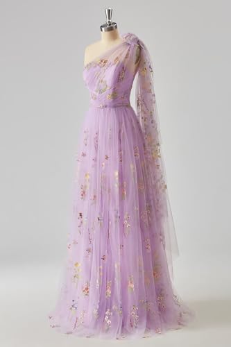 Cudiew Flower Embroidery Tulle Prom Dress for Women One Shoulder Formal Floral Party Gowns Floor Length4