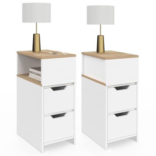 IDMarket - Lot de 2 Tables de Chevet étroites Anouk 2 tiroirs avec Niche latérale réversible Blanc et Bois