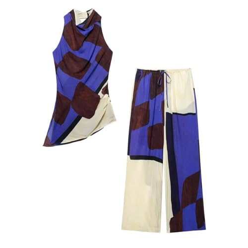Women's Printed Hanging Collar High Waist Pants Set Irregular Backless Top Printed Pants Set2