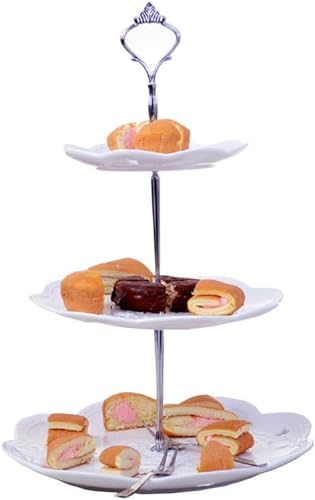 HeyDear アフタヌーンティー 2段ケーキスタンド 陶磁器 レース調 おしゃれ フルーツ/デザート皿 ヨーロピアン ティースタンド ギフトに最適 パーティー/来客用 大 26/20cm シルバー (3階(26-20-15cm),シルバー)