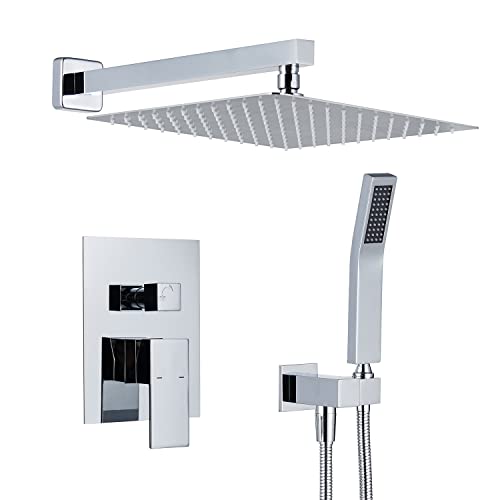 Image of Rain Shower System 12 Inches Shower Combo Set Chrome Wall Mount Faucet Bathroom Faucets with Rainfall Shower Head and Hand Shower