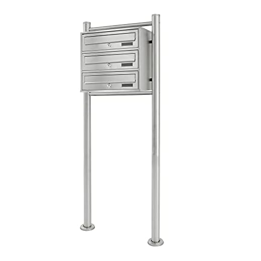 ECD Germany Brevlådesystem med stativ 3 fack i rostfritt stål för flerfamiljshus, 50 x 120 x 27 cm, silver, fristående brevlåda brevlåda med namnskylt, 2 nycklar och monteringsmaterial