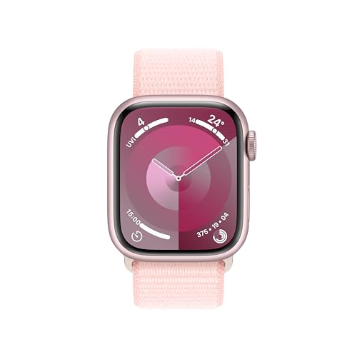 Image of Apple Watch Series 9 [GPS + Cellular 41mm] Smartwatch with Pink Aluminum Case with Light Pink Sport Loop One Size. Fitness Tracker, Blood Oxygen & ECG Apps, Always-On Retina Display, Water Resistant
