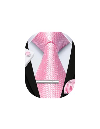 Image of HISDERN Plaid Ties for Men Classic Checkered Tie and Pocket Square Cufflinks Tie Clip Set Woven Men's Necktie Business