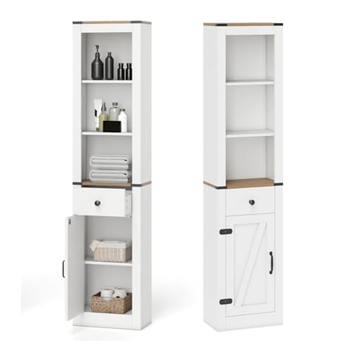 LIFEZEAL Armoire de Salle de Bain étroite, Armoire Haute Vintage avec tiroir, Porte et 3 Compartiments Ouverts, Meuble avec étagère Ajustable pour Salle de...