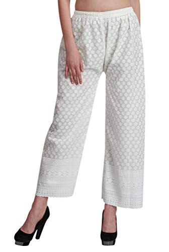 Vastraa Fusion Women's Regular Fit Cotton Chikan Palazzo (TS0069_White_Free Size)