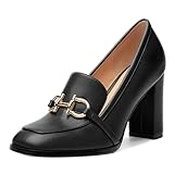 WEANDWEI Women's Loafers - Square Toe High Heels Shoes for Women, Metal Buckle Fashion Women's Pumps Shoes for Party Dress Wedding Office Black Matte Size 8