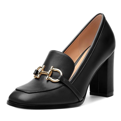WEANDWEI Women's Loafers - Square Toe High Heels Shoes for Women, Metal Buckle Fashion Women's Pumps Shoes for Party Dress Wedding Office Black Matte Size 7 by WEANDWEI - Used condition - US$56.04