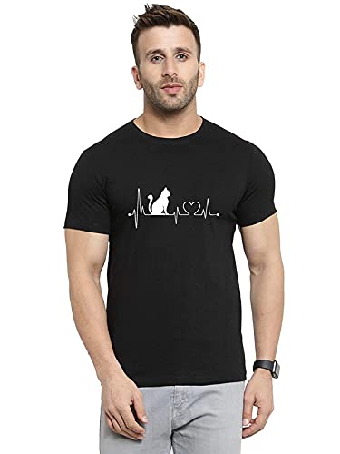 MyTees|Funny Motivation Graphic Printed Tshirt for Men | Half Sleeves Tshirt for Women | Round Neck T Shirt |Heartbeat cat Lover |100% Cotton Biowash T-Shirt 180GSM for Men Black