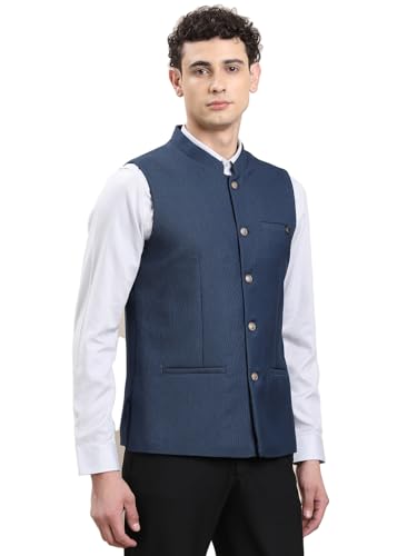 Image of Turtle Men Dobby Texture Tailored Fit Navy Blue Ethnic Waistcoat for Wedding, Reception & Traditional Events||Men's Waistcoat||Modi Jacket for Party, Festive & Formal Occasions