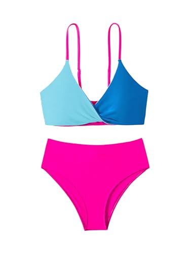 Milumia Girl's Color Block 2 Piece Swimsuit Twist Front Spaghetti Strap High Rise Bikini Set