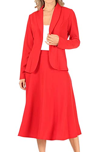Two Piece Lightweight Solid Long Sleeve Casual Blazer Relaxed A-Line Midi Skirt Red 2XL