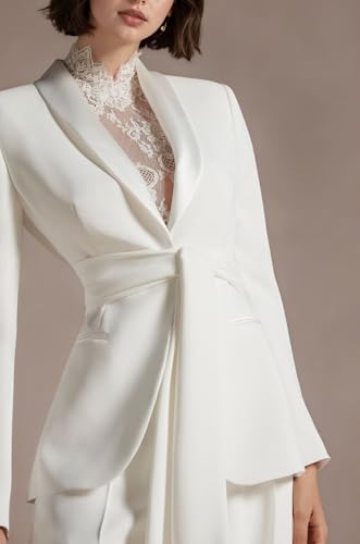 Elegant White Women's Pant Suit with Shawl Collar and Belt - Image 4