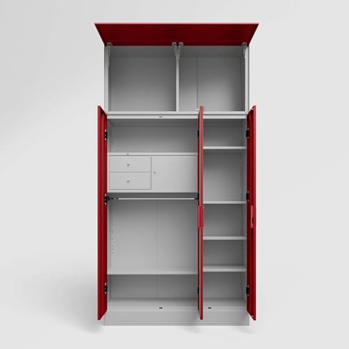 Image of Interio by Godrej Almirah Slimline 3-Door Steel Almirah, Cupboard for Clothes (Royal Ivory and Baked Apple), 1-Year Warranty, 6 Shelves, 1 Locker, 2 Drawers, Overhead Unit, Curvilinear Mirror