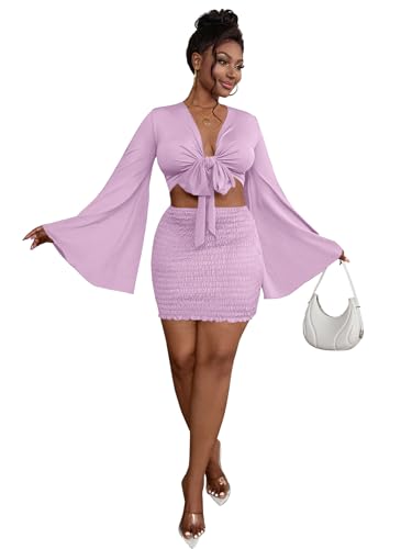 Image of LYANER Women 2 Piece Vacation Outfits Tie Knot Front Bell Long Sleeve Crop Top and Mini Skirt Summer Set