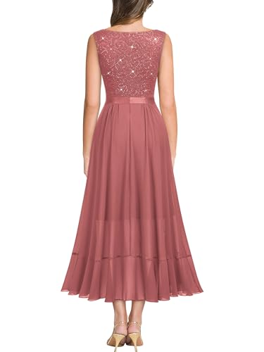 Image of Miusol Women's Vintage V-Neck Sleeveless Sequined Floral Lace Ruffle Split Evening Party Dress | Deep V-neck, sleeveless, sequin lace, ruffle design dress, suit for cocktail party, wedding and banquet