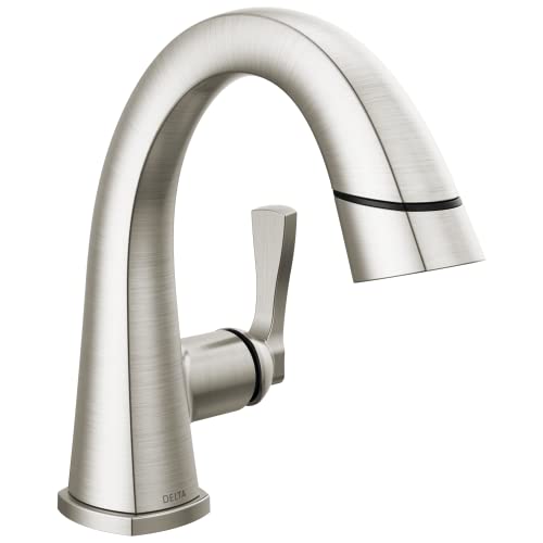 Delta Faucet Stryke Pull Down Bathroom Faucet, Bathroom Pull Out Faucet, Brushed Nickel Single Hole Bathroom Faucet with Pull Down Sprayer, Bathroom Sink Faucet, Lumicoat Stainless 577-SSPD-PR-DST