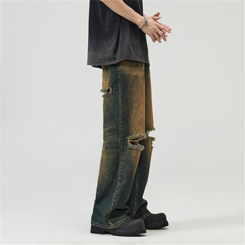 Men's Retro Washed Distressed Elastic Waist Ripped Jeans Straight Leg Loose Trousers4