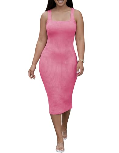Image of TOPSRANI Women Sexy Midi Dress Bodycon Casual Sleeveless Basic Ruched Tank Summer Club Party Dresses