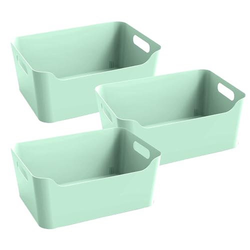 Image of KOLORR Jolly Plastic Large Baskets with Handle for Storage Box| Multipurpose Light Weight Plastic Baskets organiser for Clothes Toys Stationary Cosmetics Livingroom Bathroom | Pack of 3 - Mint