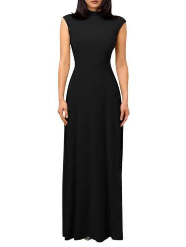 LAGSHIAN Women's Elegant Basic Maxi Dress High Neck Sleeveless Slim Formal Party Long Dresses