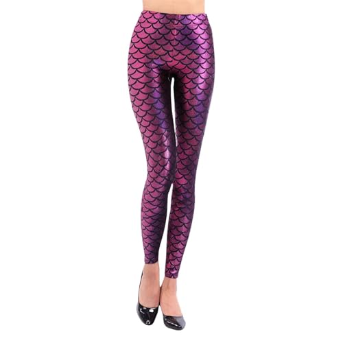 BweStilm Leggings de sirena para mujer, push up, cintura alta, disfraz de sirena, escamas de pescado, estampado metálico, leggins brillantes, pantalones de carnaval, disfraz 2, F01 Red, S