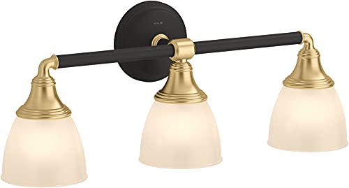 KOHLER Devonshire Bathroom Vanity Light Fixture, Wall Sconce Lighting, Position Facing Up or Down, UL Listed, 3 Light, Black with Brass Trim
