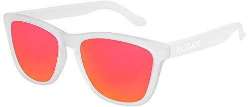 X-CRUZE® 9-050 Gafas de sol Nerd polarizadas estilo Retro Vintage Unisex Caballero Dama Hombre Mujer Gafas - transparente mate LW/rojo-anaranjado tipo espejo