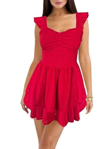 Image of HESUUIO Women's Summer Mini Dress Elegant Backless Hollow Out Eyelets Layered Flowy Swing Short Party Dress Casual Sundress
