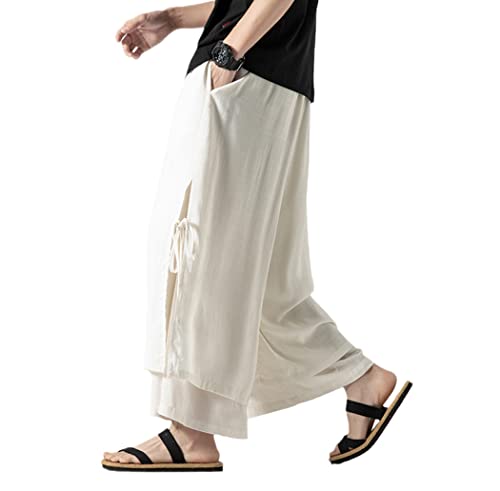 TEWINUH Men Cotton Linen Pants Breathable Solid Color Wide Leg Pants Male Street Hanfu Kongfu Skirt Trousers, White, 4X-Large