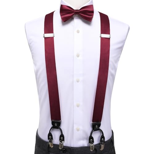 Image of Hi-Tie Men Suspender Bowtie Set Suspenders Pre-tied Bow Tie Pocket Square Cufflinks Adjustable Y Shape 6 Clips Braces Tuxedo