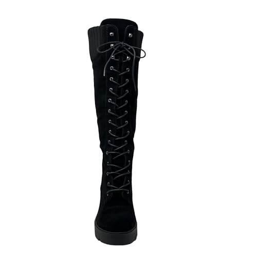 Generation Y Women's Knee High Combat Boots Lace Up Chunky Heel Knitted Cuff Zipper Closure4