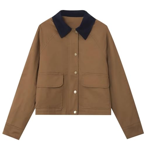 Women's Cropped Barn Jacket Corduroy Collar Zip Up Utility Coat Cargo Jacket Outwear with Pockets