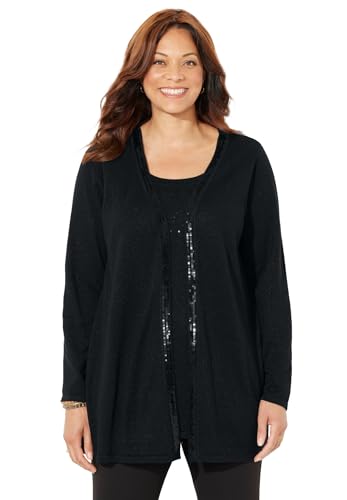 Catherines Women's Plus Size Sequin Trim Tank Cardigan Duet