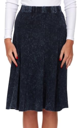 Womens/Teens Thin Ribbed Stonewash Denim Panel Midi Skirt with Elastic Waist Mutiple Lengths