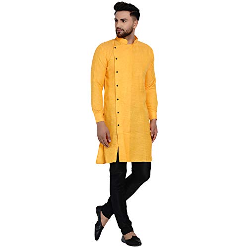Image of Veera Paridhaan Men's Ethnic Poly Cotton Full Sleeve Textured Side Button Long Kurta(Orange)