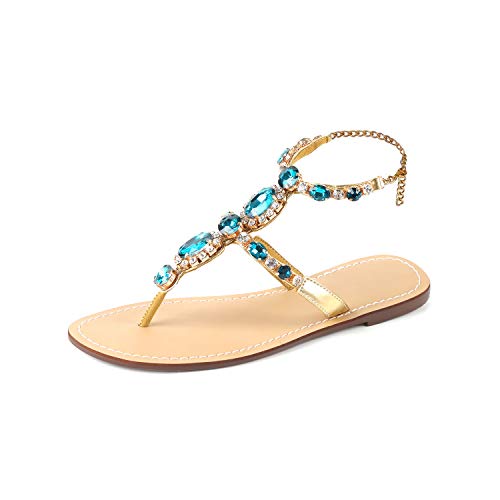 Image of ZhuLinFeng Women'S Rhinestone Gladiator Sandals Flat Wedding Sandals Gem Pearl Sparkling Bridal Bridesmaid Sandals Blue Bohemian Sandals