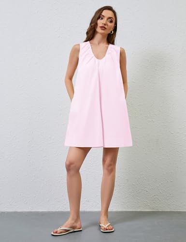Image of OLAPTA Women Summer Sleeveless Babydoll Scoop Neck Ruched Mini Tank Dress with Pockets
