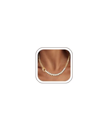 Luxval Gold Tennis Necklace for Women 14K Gold Plated Cubic Zirconia Tennis Cuban Link Chain Choker Dainty Chunky Jewelry Gifts