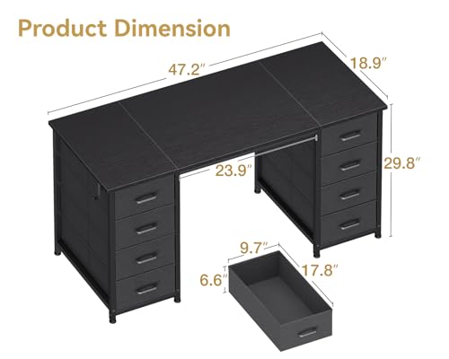 ODK 48 Inch Computer Desk with 8 Fabric Drawers, Modern Office Desk with Large Storage for Home Office, Study, Gaming, Black