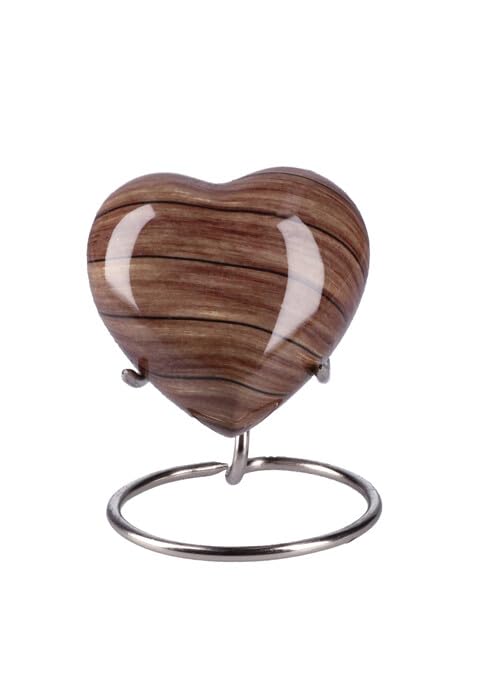 Petite urne funéraire cœur Elegance effet bois avec son support finition prestige