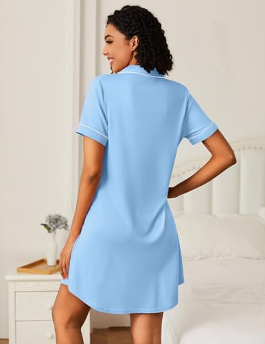 Image of Ekouaer Nightgowns for Women Bamboo Viscose Sleep Shirts Button Down Night Shirt Short Sleeve Boyfriend Pajama Dress