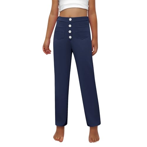 Girls Straight Leg Pants Kids High Waist Button Yoga Bootcut Pants with Pockets Fashion School Uniform Pants