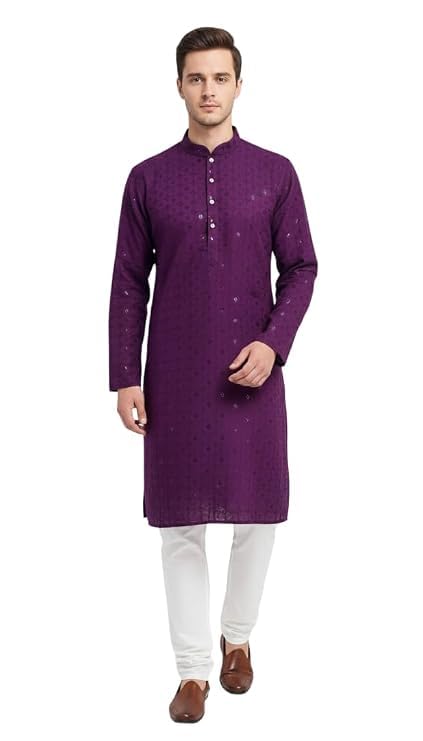 Men's Chikankari Embroidered Kurta Pyjama Set | Wine Purple Regular Fit Ethnic Kurta Pajama for Men-image-11