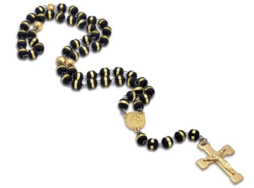JAJAFOOK Mens Black Stainless Steel Black Gold Silicone Beads Rosary Necklace with Cross Pendant