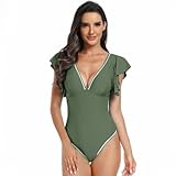 SZJIAHTM Damen Einteiliger Badeanzug Rüschen V Ausschnitt Monokinis Bauchweg Badeanzüge Modern Bademode Swimsuit